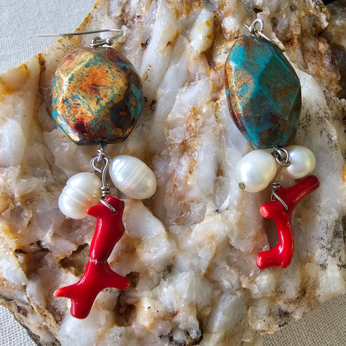 Red Coral + Pearl earrings