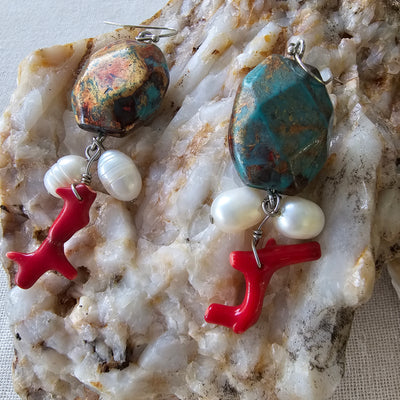 Red Coral + Pearl earrings