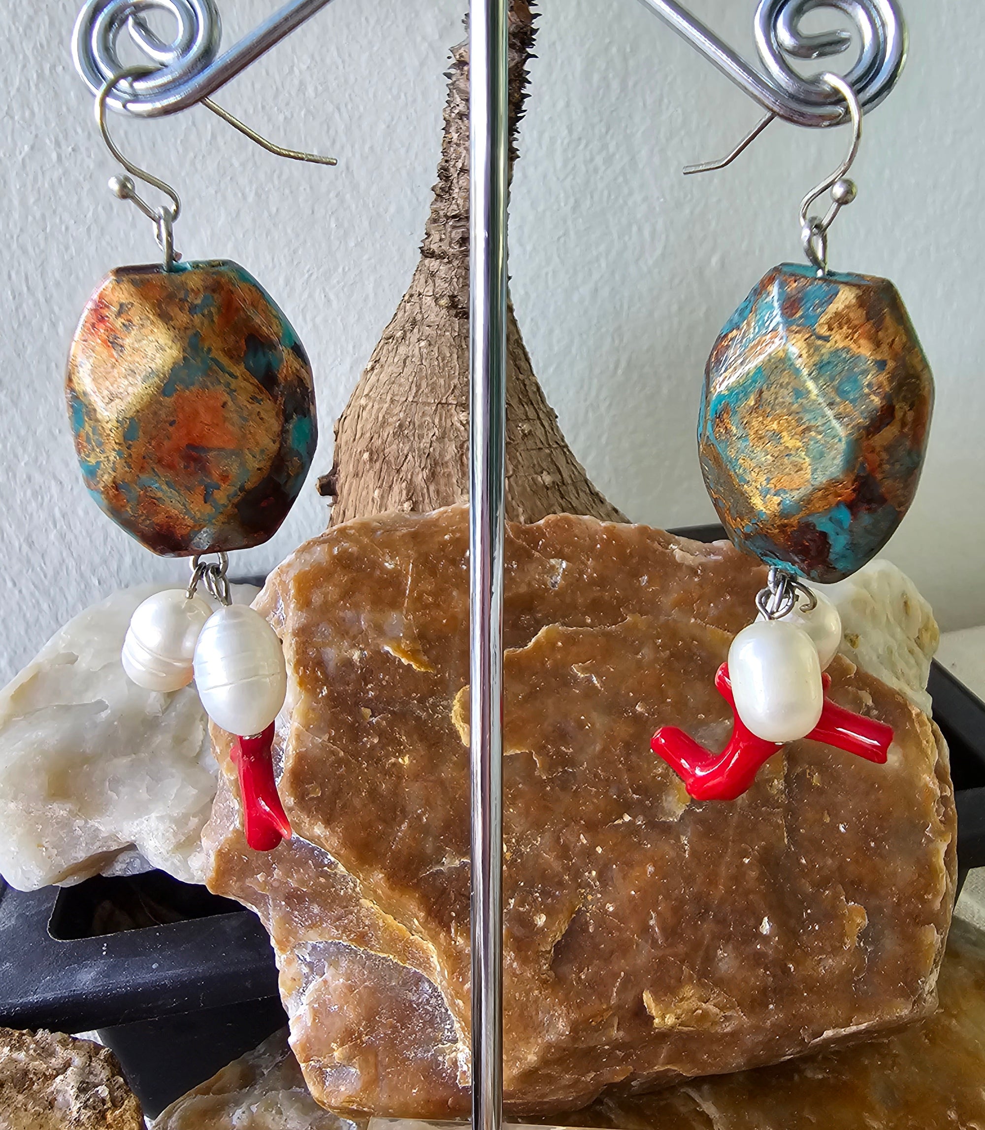 Red Coral + Pearl earrings