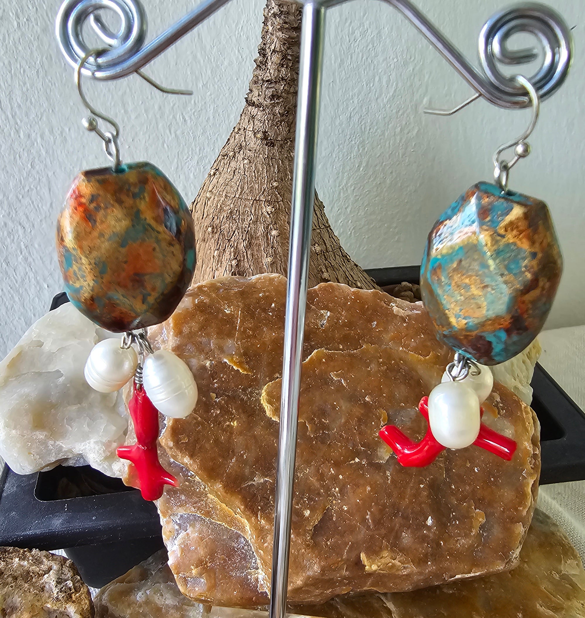 Red Coral + Pearl earrings