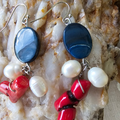 Coral, Fresh Water Pearl Earrings
