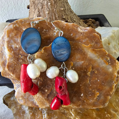 Coral, Fresh Water Pearl Earrings