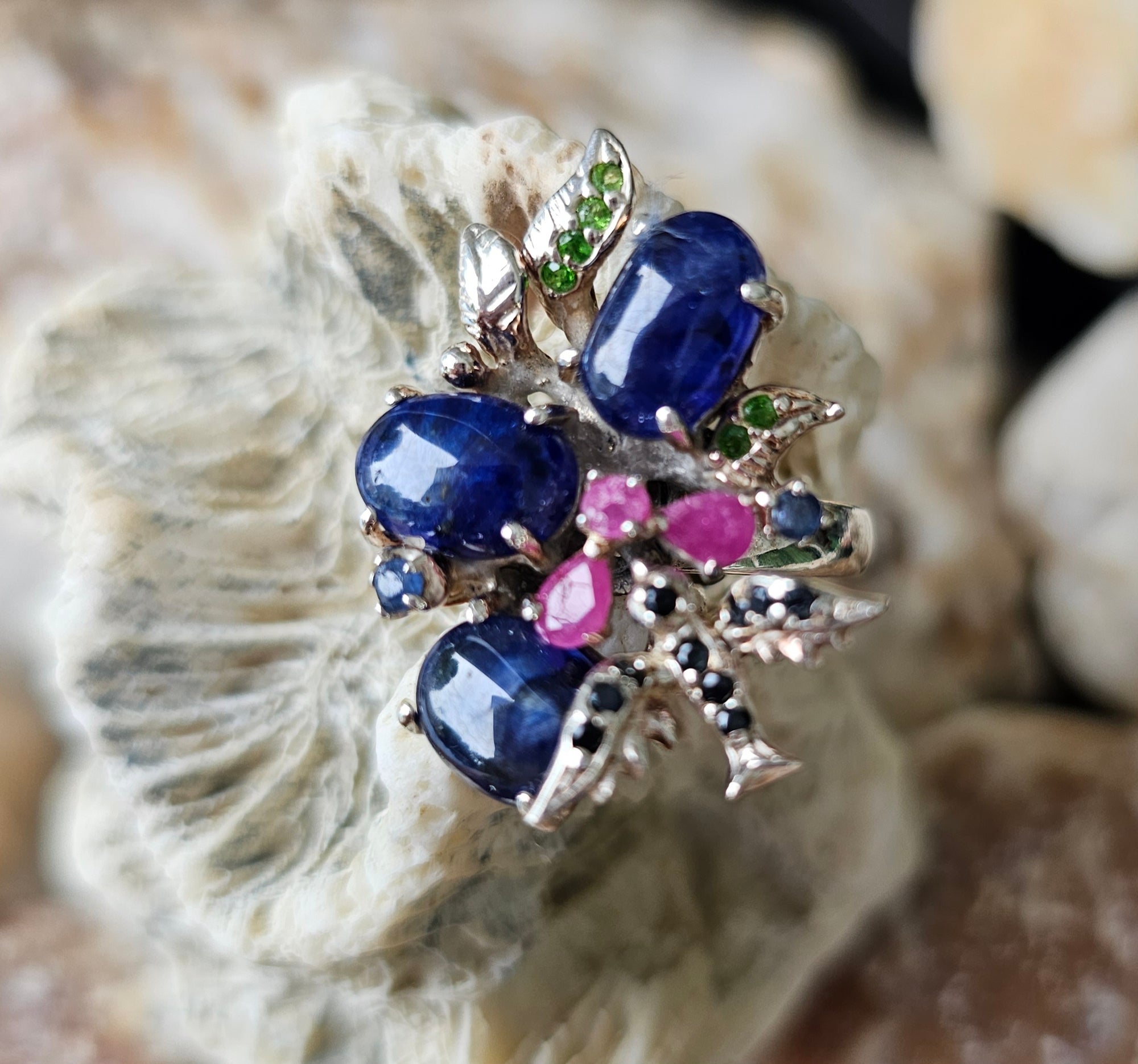 Ring Silver Sapphire + Ruby+Emerald