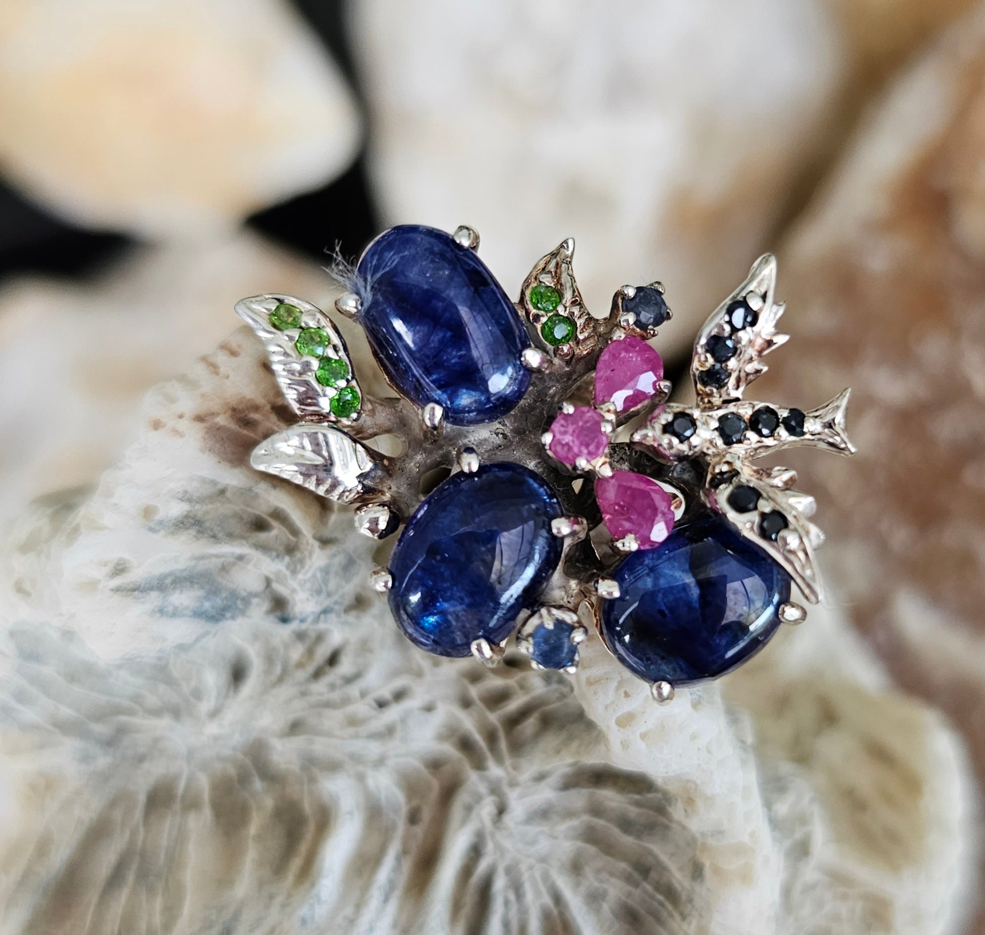 Ring Silver Sapphire + Ruby+Emerald