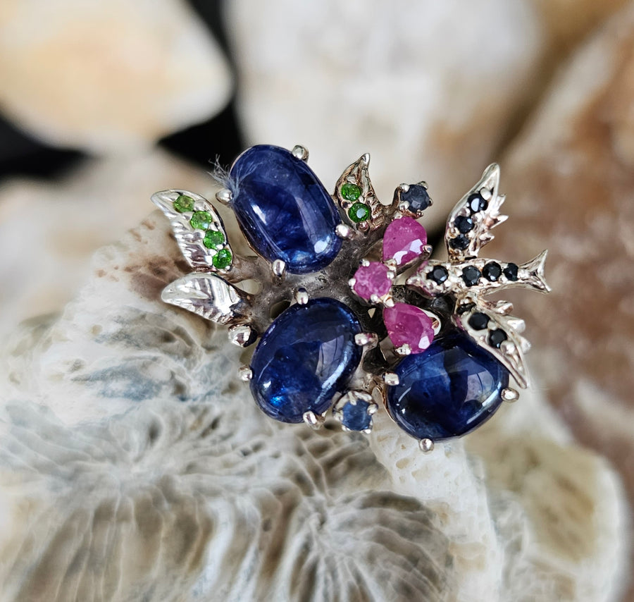 Ring Silver Sapphire + Ruby+Emerald
