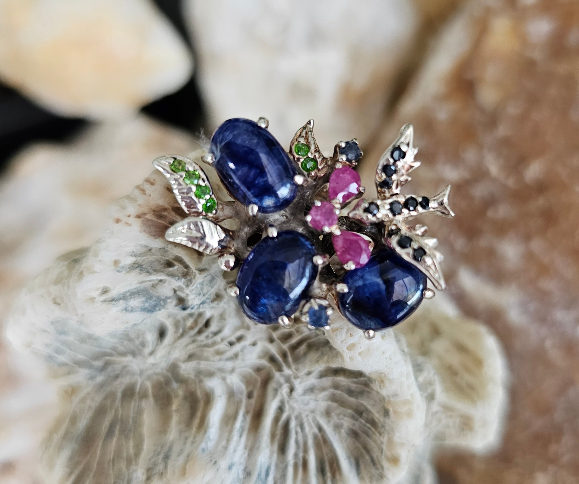 Ring Silver Sapphire + Ruby+Emerald