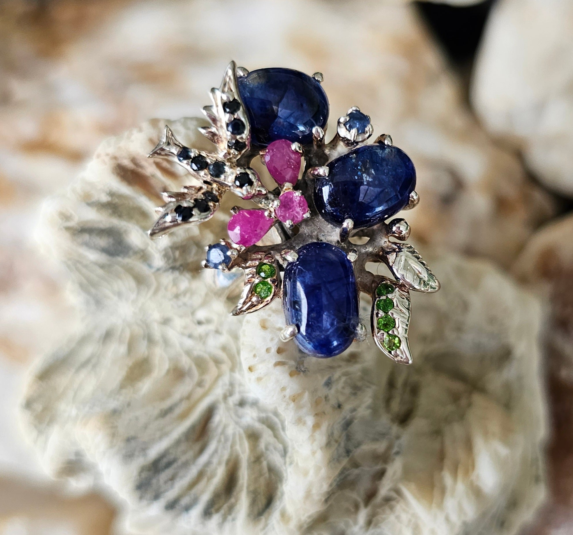 Ring Silver Sapphire + Ruby+Emerald